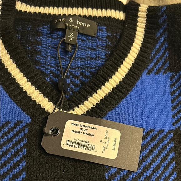 NWT rag and bone varsity V neck Blue and Black Checkered plaid women’s Sweater - Picture 4 of 7